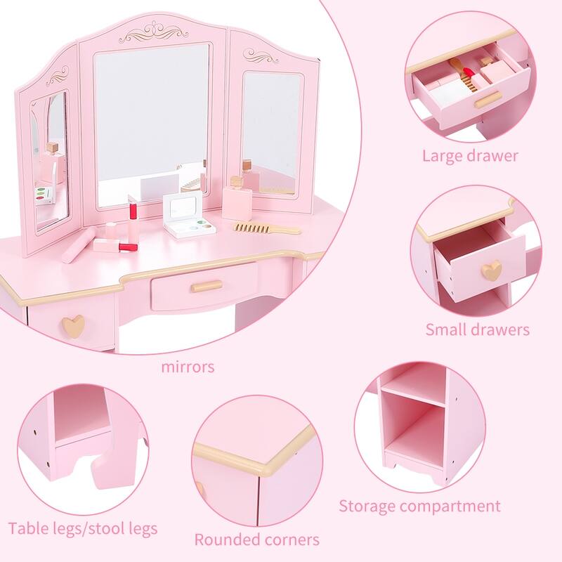 Vanity Table and Chair Set, Kids Makeup Dressing Table