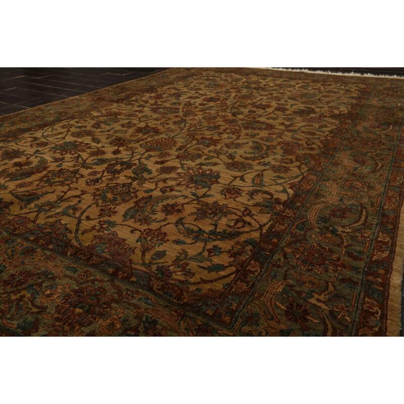 6'2''x9'5'' Hand Knotted Gold Wool Agra Botanical Gold Wash Silky Sheen Rug - 6' 2'' x 9' 5''
