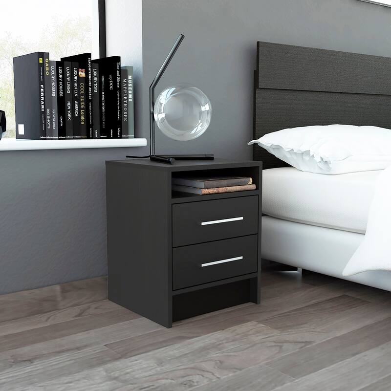 Modern Nightstand with Two Drawers and Top Shelf, Compact and Functional Design for Bedroom or Living Room - Black