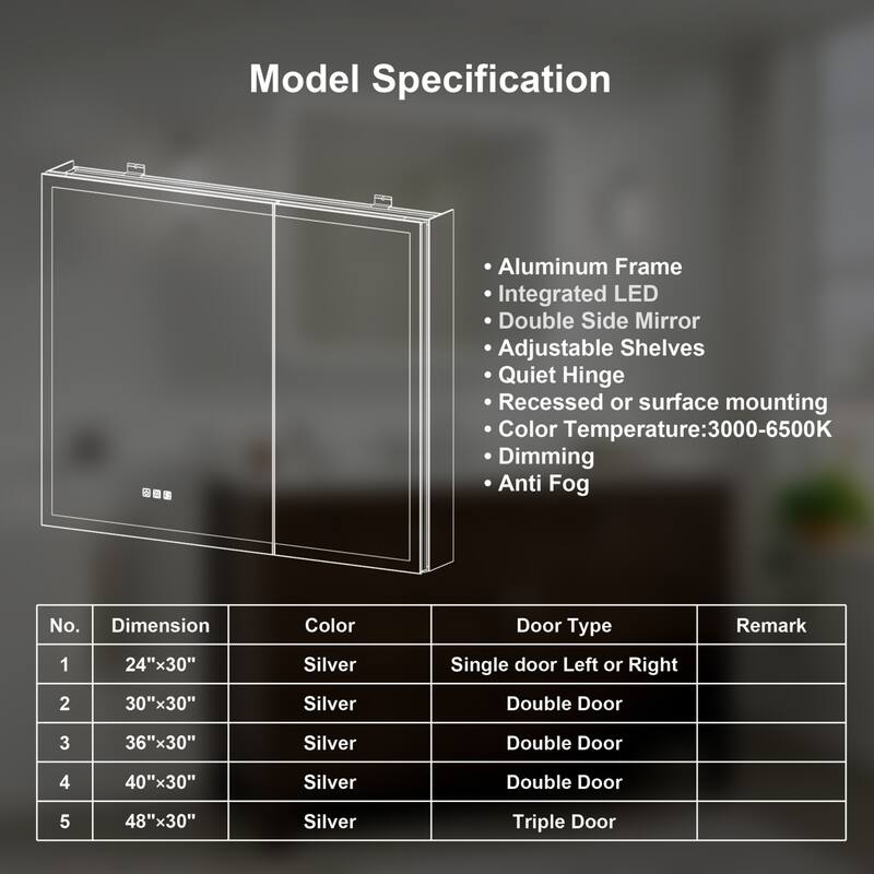Modland 24"-30"W x 30"H LED Bathroom Medicine Cabinet with Mirror Anti-Fog,Surface or Recessed Mount
