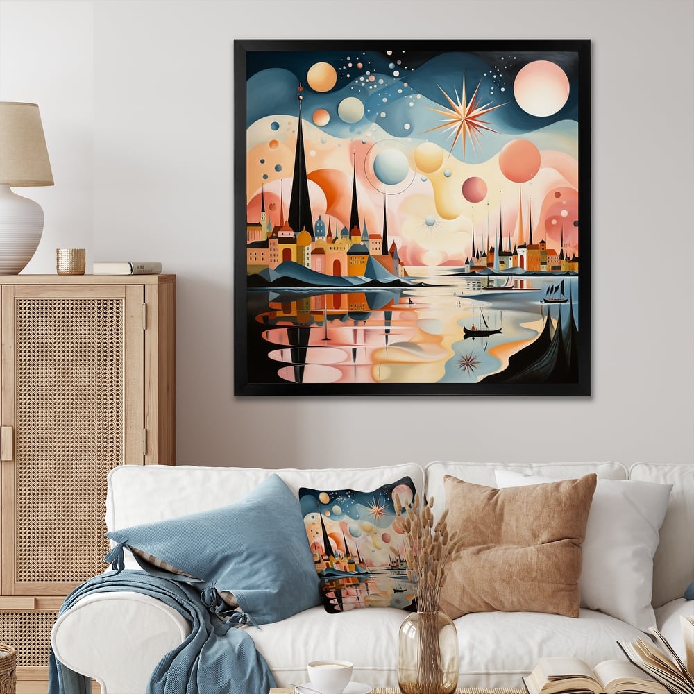 Designart "Vintage City In Retro Pastel Palette I" Abstract Landscape Framed Wall Art Prints