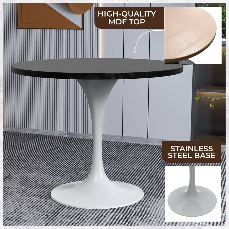 LeisureMod Verve 36" Round Dining Table with MDF Wood TableTop and White Steel Base for Kitchen & Dining Room