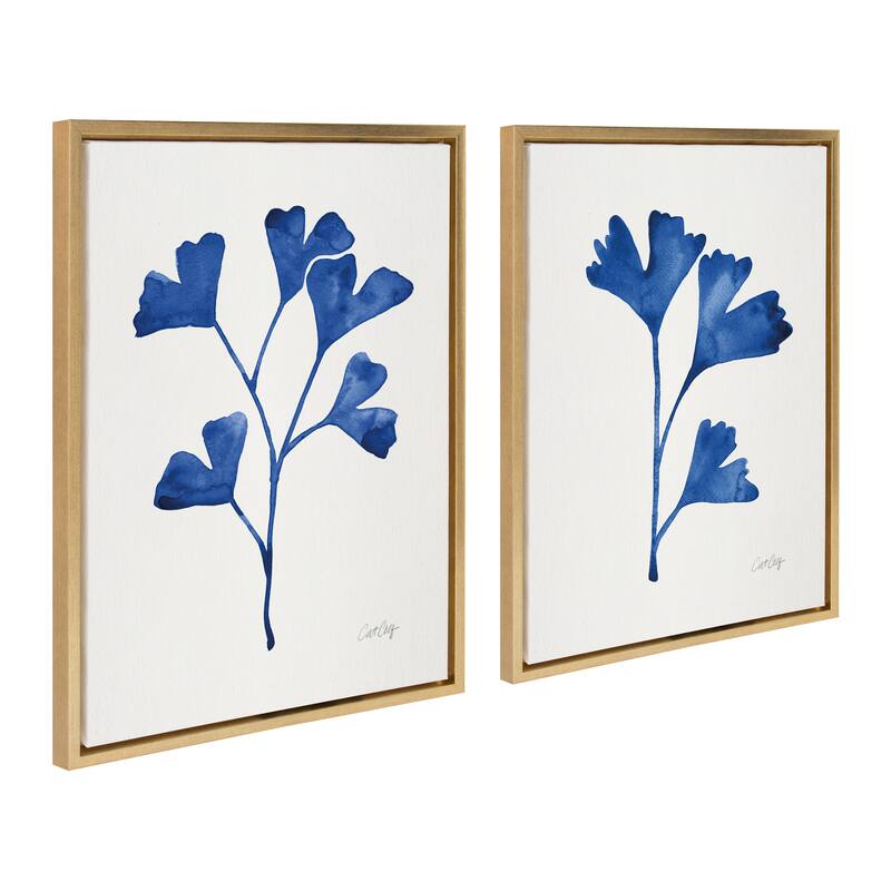 Kate and Laurel Sylvie Navy Ginkgo and Navy Ginkgo Trio Framed Canvas by Cat Coquillette - 2 Piece 18x24 - Plastic - Gold