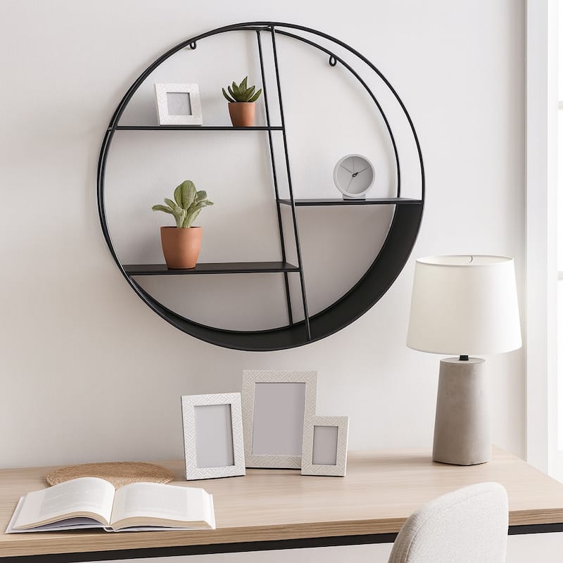Metal Round Frame and Tiered Open Wall Shelf - Black, 32" - 32.0"
