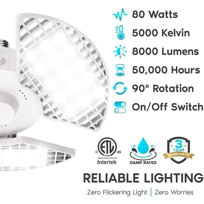 Luxrite 4-Pack LED Garage Light 80W 8000 Lumens Deformable 5000K Bright White E26 Screw In Shop Light Adjustable - Bright White