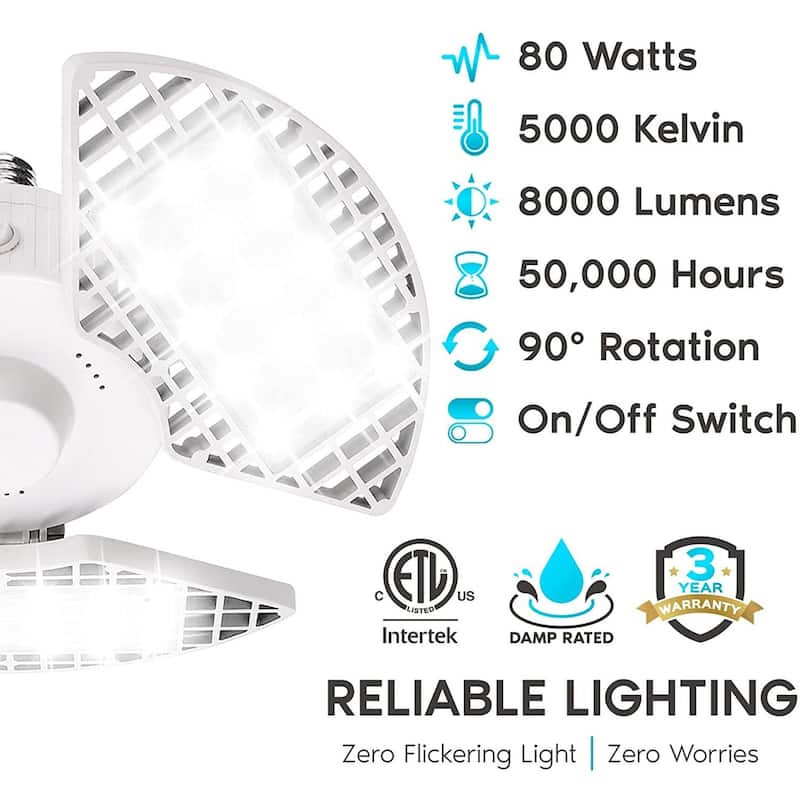 Luxrite LED Garage Light 80W 8000 Lumens Deformable 5000K Bright White E26 Screw In Shop Light Adjustable - Bright White