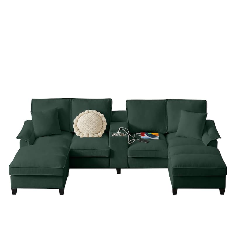 Corduroy U-shaped Sectional Sofa with Double Storage Chaise Lounge, Console Table with Charging Station, Box and Cup Holders