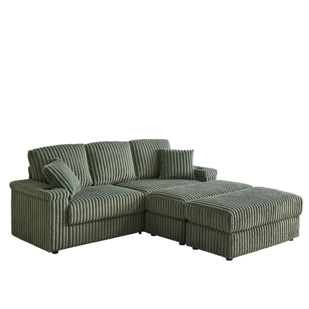 84" Corduroy Deep Seat Sofa Set with 5 Pillows for Livingroom 3-seater Storage Sofa with Ottoman and Cup-holding