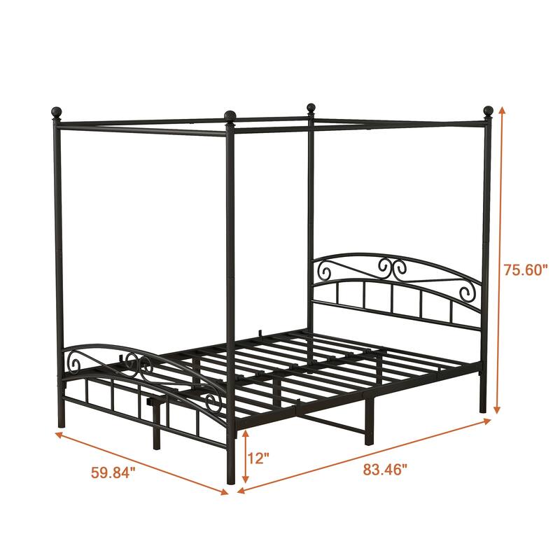 Queen Size Metal Canopy Bed Frame with Headboard and Footboard Black
