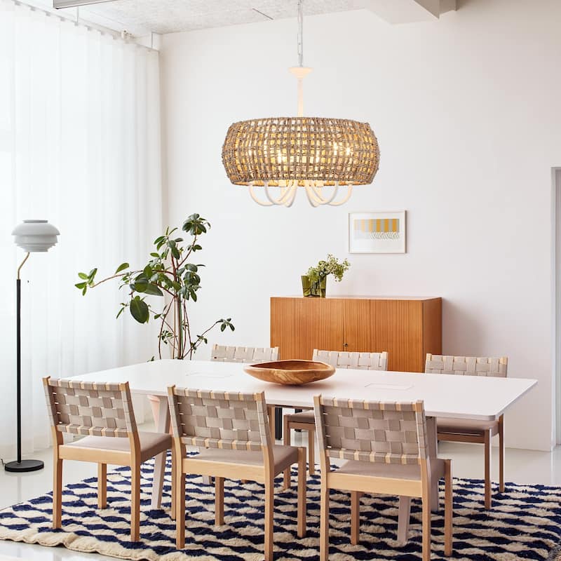 18.11inch Bohemian 6 lights adjustable height With Hand-Woven Rattan Lampshade for different rooms