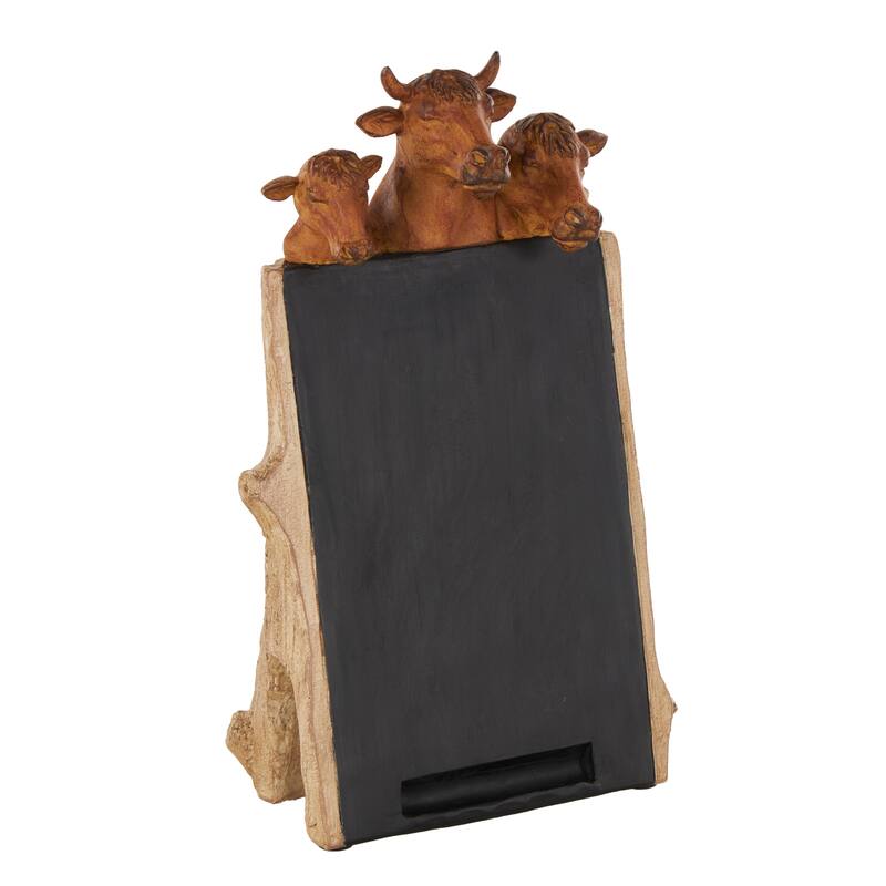 Black Polystone Chalkboard Cow Decorative Sign with Brown Tree Trunk Frame