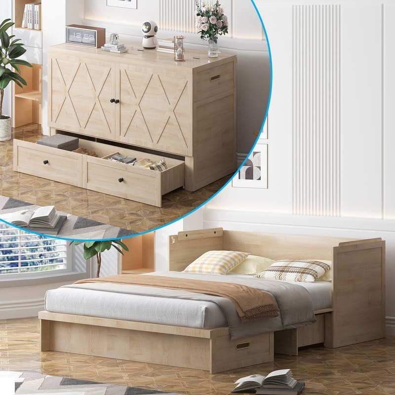 Mixoy Queen Size Murphy Bed with Charging Station & Storage Drawer,Space-Saving Design,Optional Mattress - Burlywood No Mattress - Queen