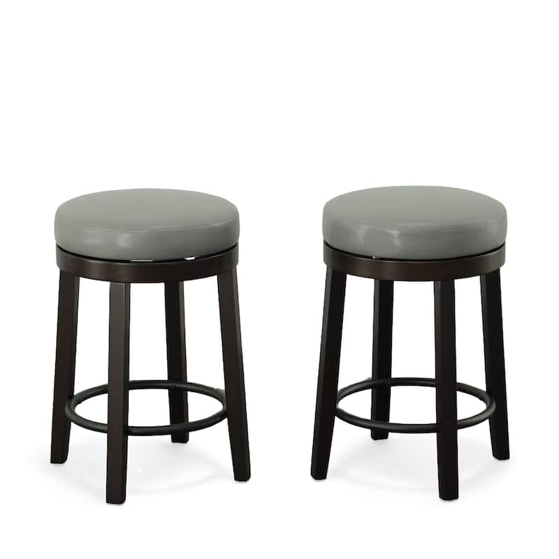 HomeRoots Set of Two 24" Gray And Espresso Faux Leather And Solid Wood Swivel Backless Counter Height Bar Chairs