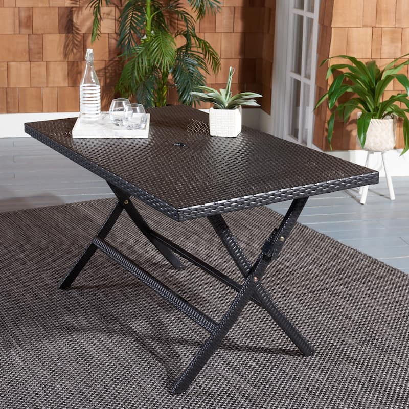 SAFAVIEH Outdoor Kadence Folding Table with Umbrella Hole - 55Wx31Dx28H - Black