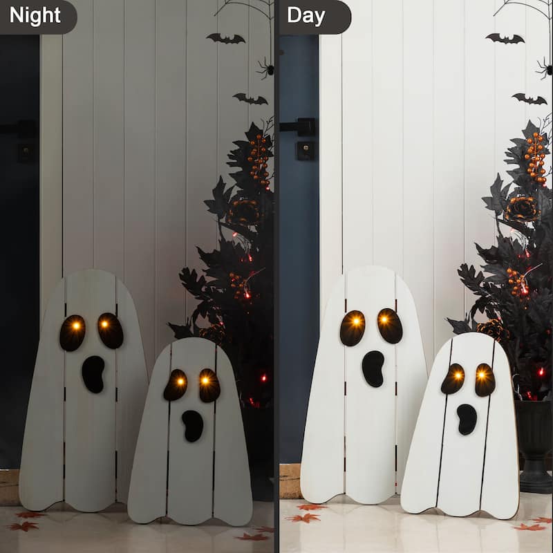 Glitzhome S/2 24"H & 17.75"H Halloween Lighted Wood Ghost Porch Decor