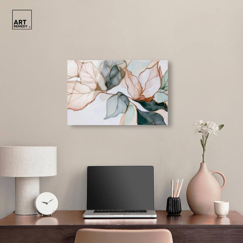 Golden Veined Leaves I Acrylic by Art Remedy, Ready to Hang