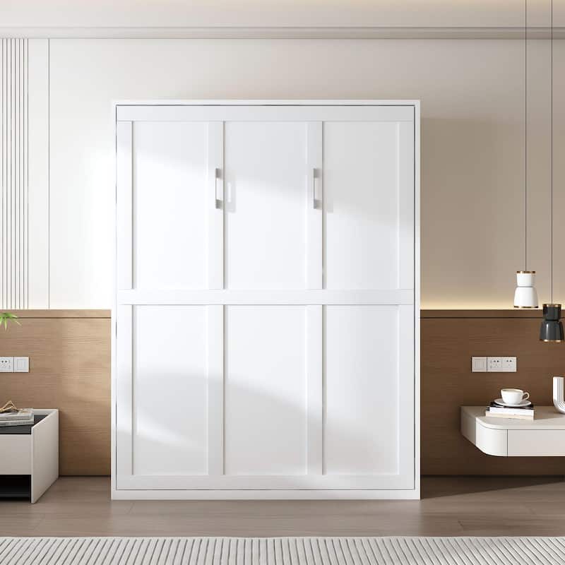 Queen Murphy Bed/Farmhouse Wood Hidden Foldable Wall Bed Frame w/Gas Struts/Solid Wood Support Slats/No Box Spring Needed/White