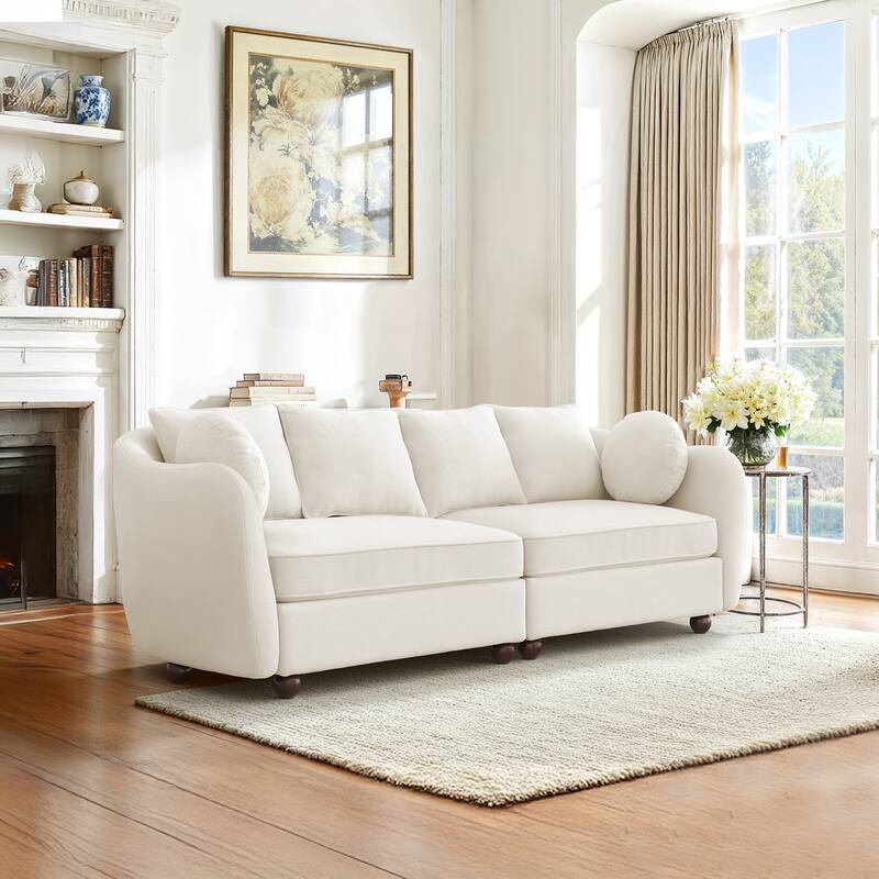 90.6" Chenille Upholstered Sofa with 6 Pillows, Modern 3-Seater Sofa Couch for Living Room Bedroom Apartment, White
