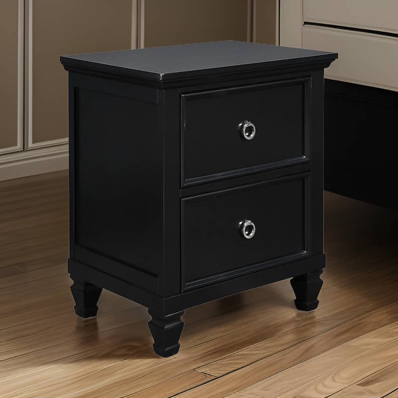 2 Drawer Wooden nightstand with Tapered Legs and Metal Rings, Black