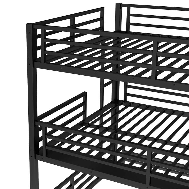 Metal Triple Bunk Bed with Safety Guardrails, Queen over Full XL over Queen, Black