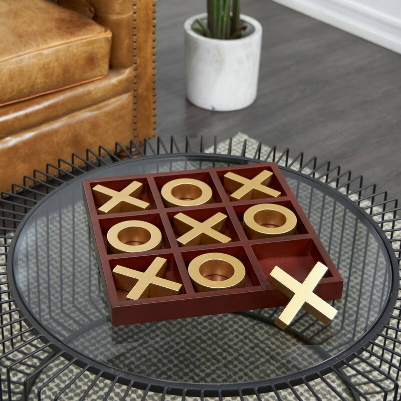 Brown Wood Tic Tac Toe Game Set with Gold X and O Pieces - Brown