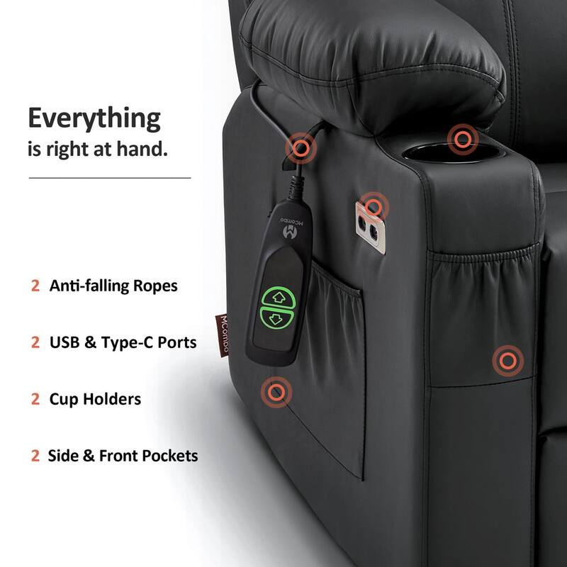 MCombo Large Power Lift Recliner Leather Chair with Massage, Heat, Cup Holders,Extended Footrest, Leather 7516