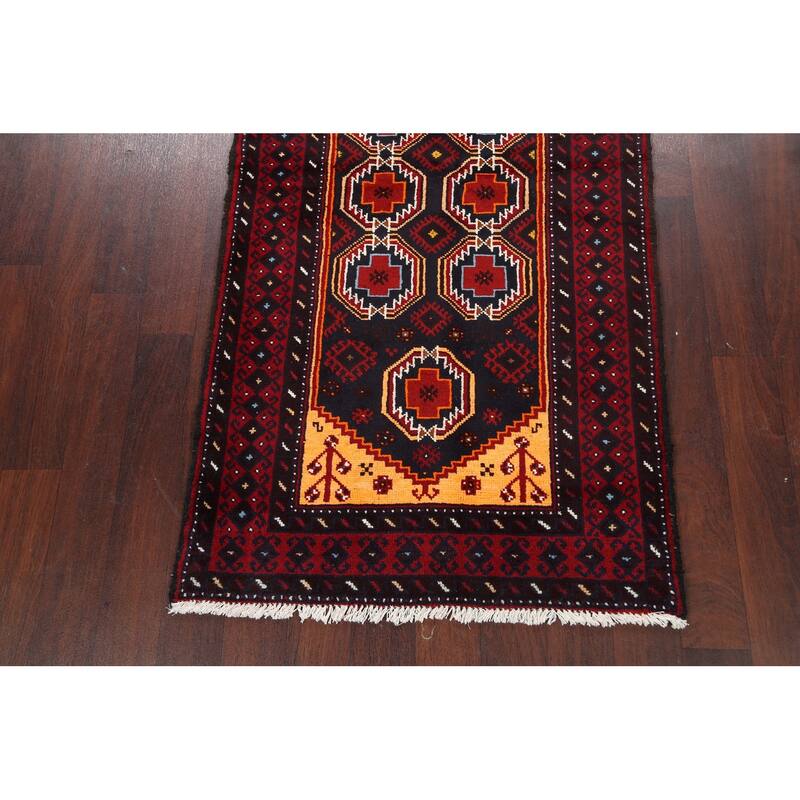 Geometric Balouch Persian Runner Rug Hand-knotted Wool Carpet - 3'3" x 6'7"