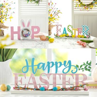 Glitzhome Wooden Happy EASTER HOP with Artificial Rattan Table Sign Decor Centerpiece