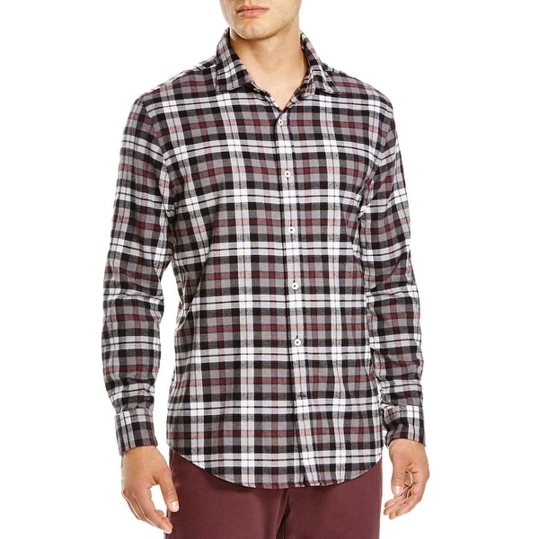 Shop Bloomingdales Mens Regular Fit Flannel Plaid Button Down Shirt Large Grey - Free Shipping ...