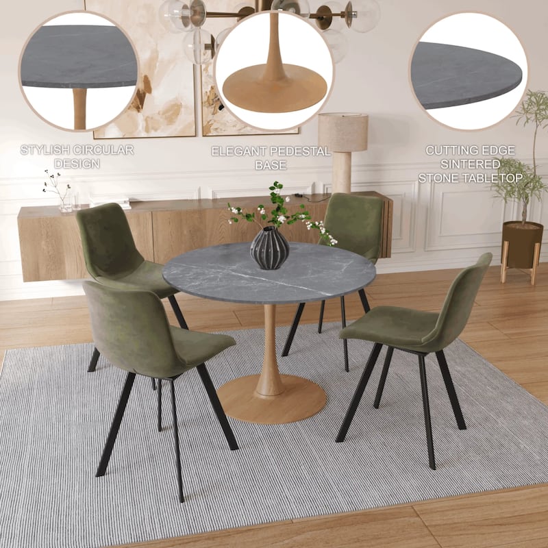 Bristol 36" Round Dining Table with Marbled Grey Sintered Stone Top and Steel Pedestal Base