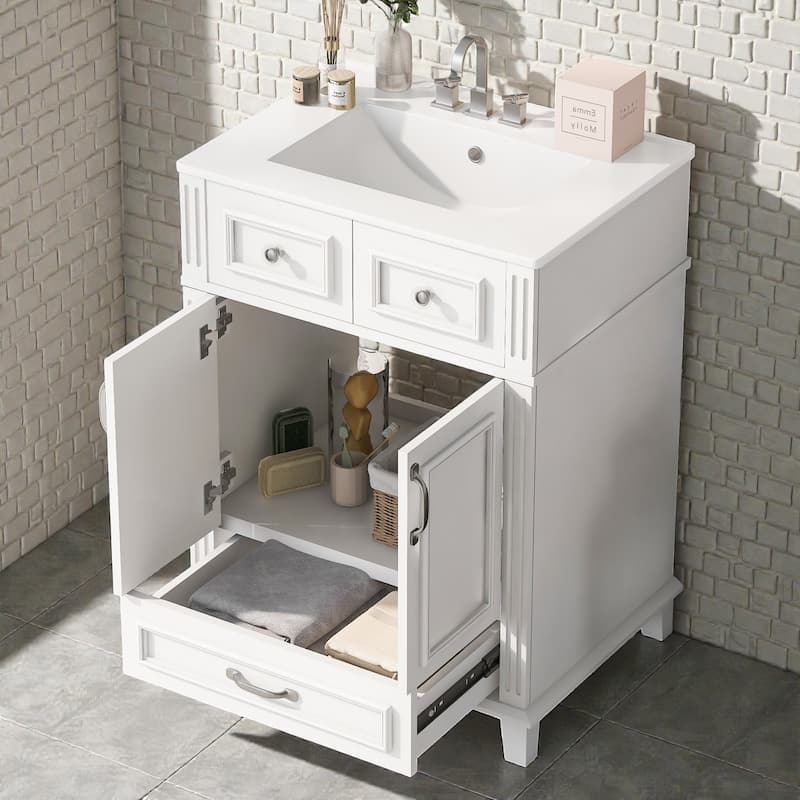 24 Inch Bathroom Vanity with Ceramic Sink, Solid Wood Frame, Soft Close Doors and Drawer, Retro Bathroom Cabinet