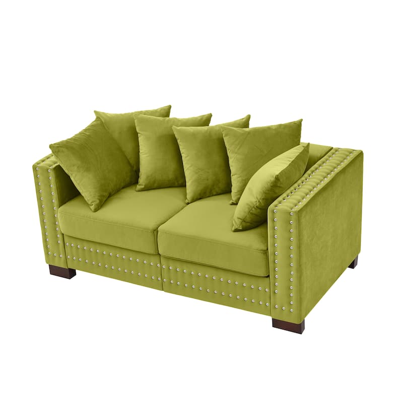 Velvet Loveseat Sofa with Storage, Comfy Upholstered Deep Seat Sofa, 2-Seater Sofa with Nailhead Trim & 6 Throw Pillows