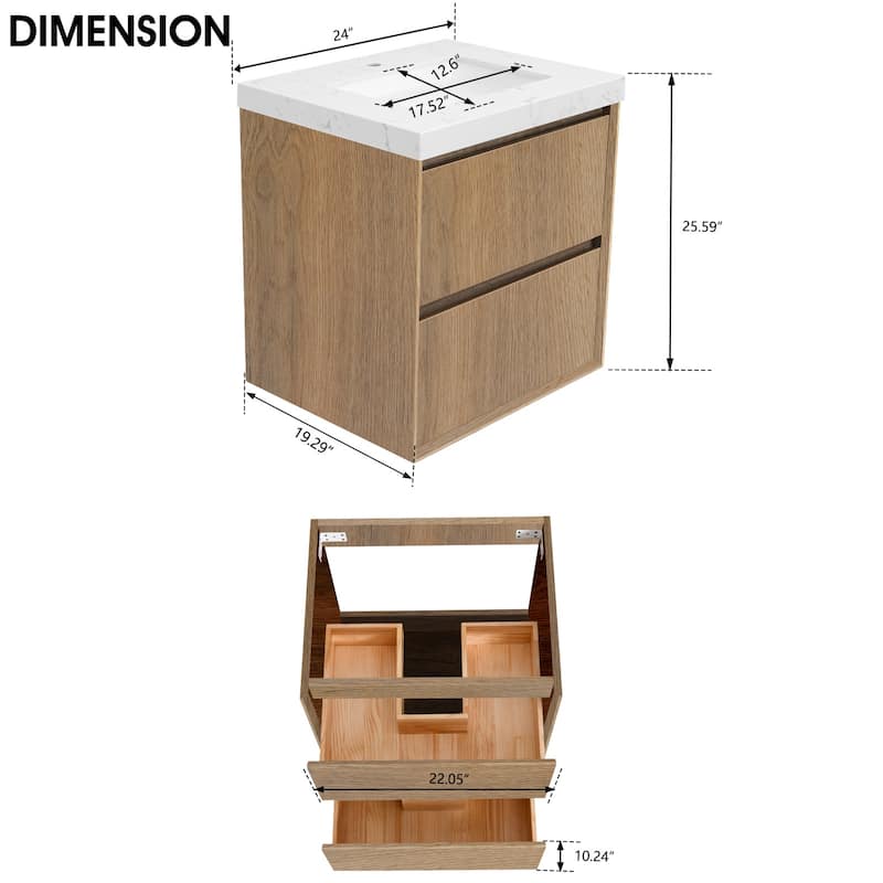 24"30"36"48"60"72" Floating Bathroom Vanity Engineered Stone Top with Rectangular Ceramic Undermount Sink