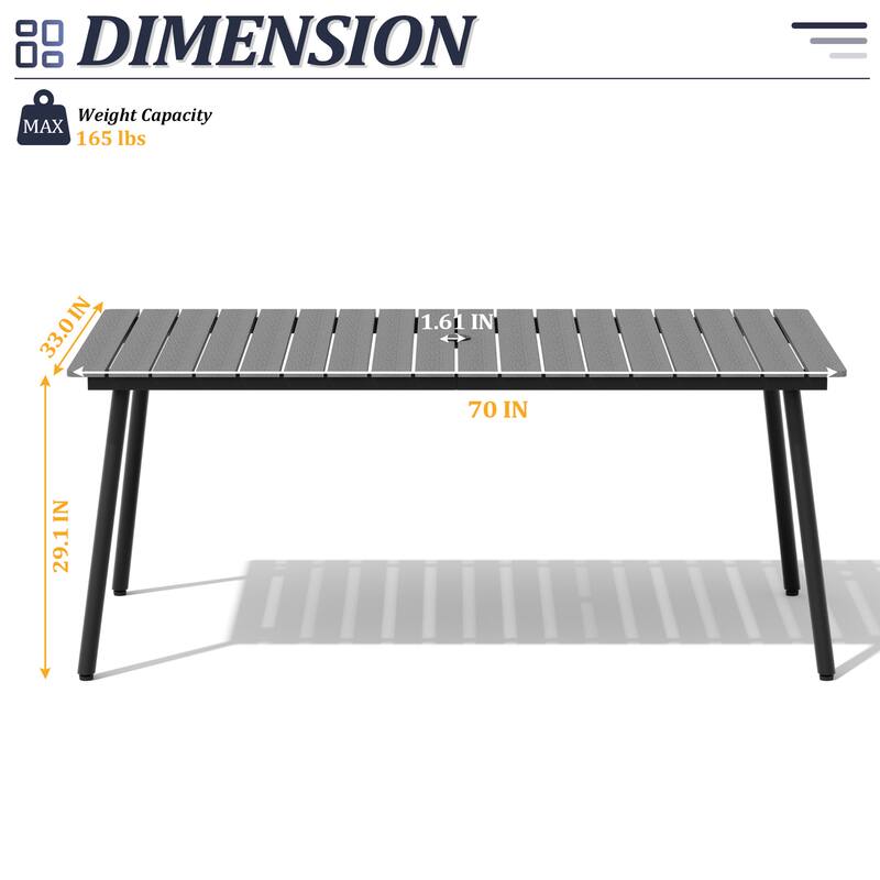 70in Outdoor Patio Rectangle Aluminum Wood-Like Dining Table with Umbrella Hole