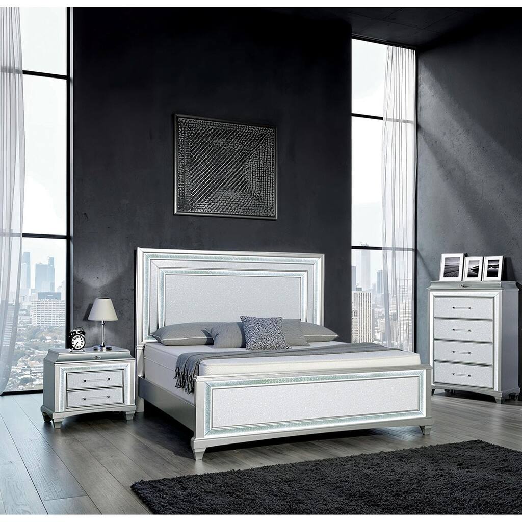 Modern 3pc Gray Finish Led Bed Nighstand Chest Bedroom Set