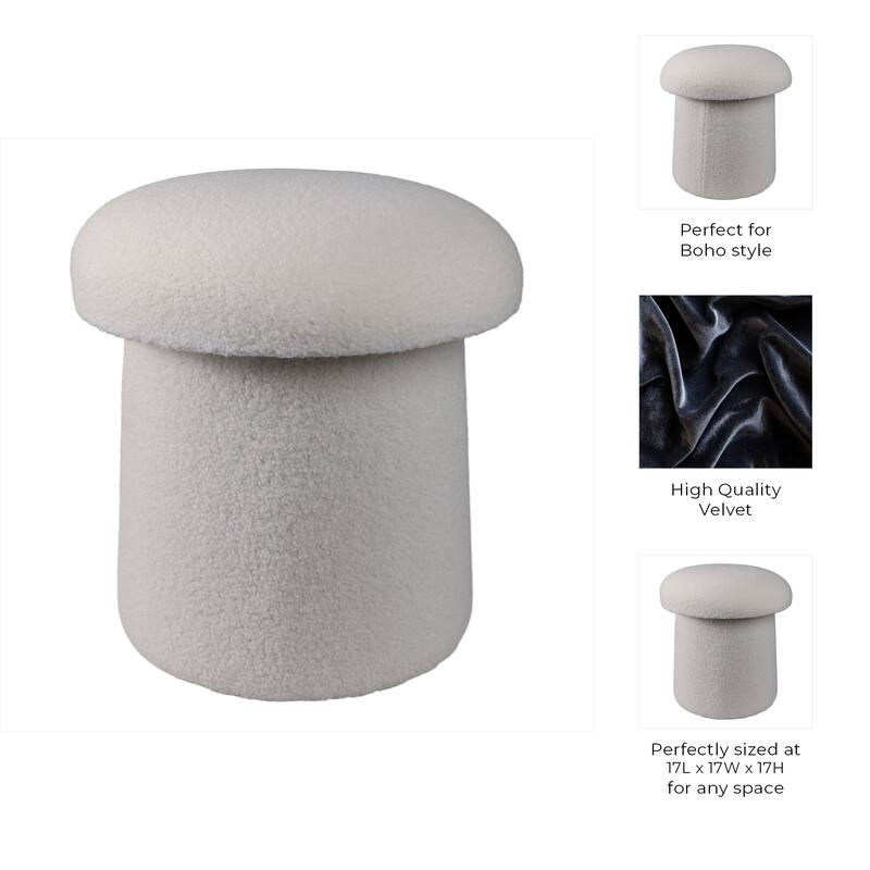 Velvet Wood Mushroom Shaped Ottoman Boho Accent for Home - 17" Ivory