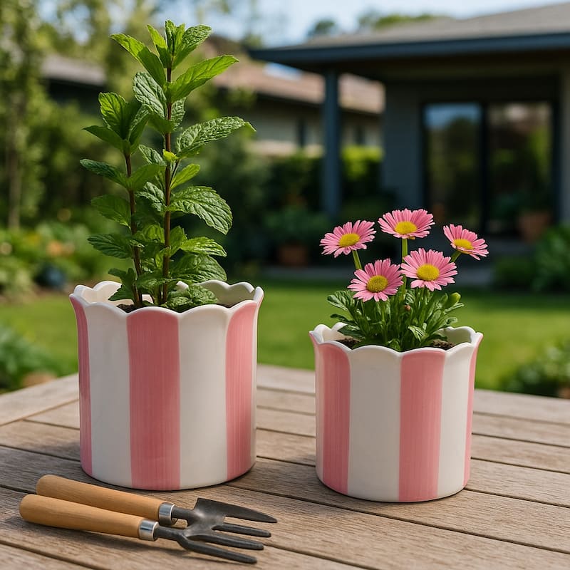 Ceramic Striped Flower Pots with Scalloped Edge - Set 2, 8", 6" - 8.0" - Pink