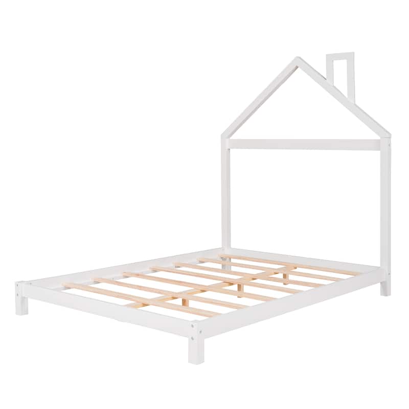 Full Size Low Platform Bed with House-shaped Headboard and Chimney, Open Frame Bed, Wooden Slat Bed