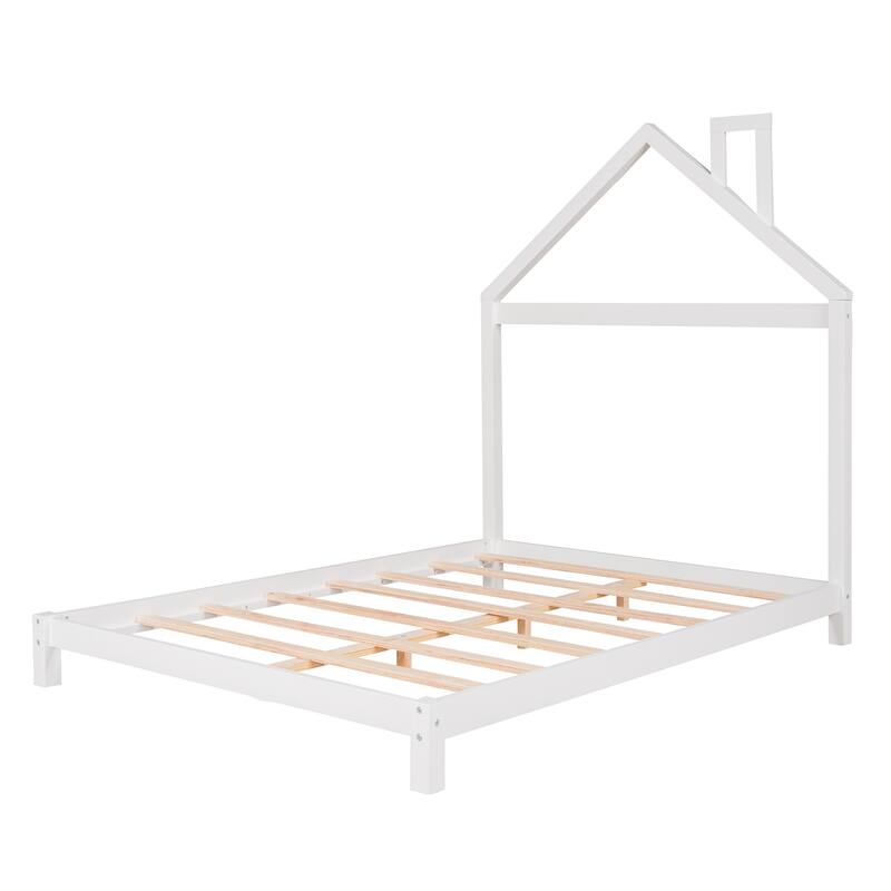 Full Size Wood Platform Bed with House-Shaped Headboard and Sturdy Pine Frame