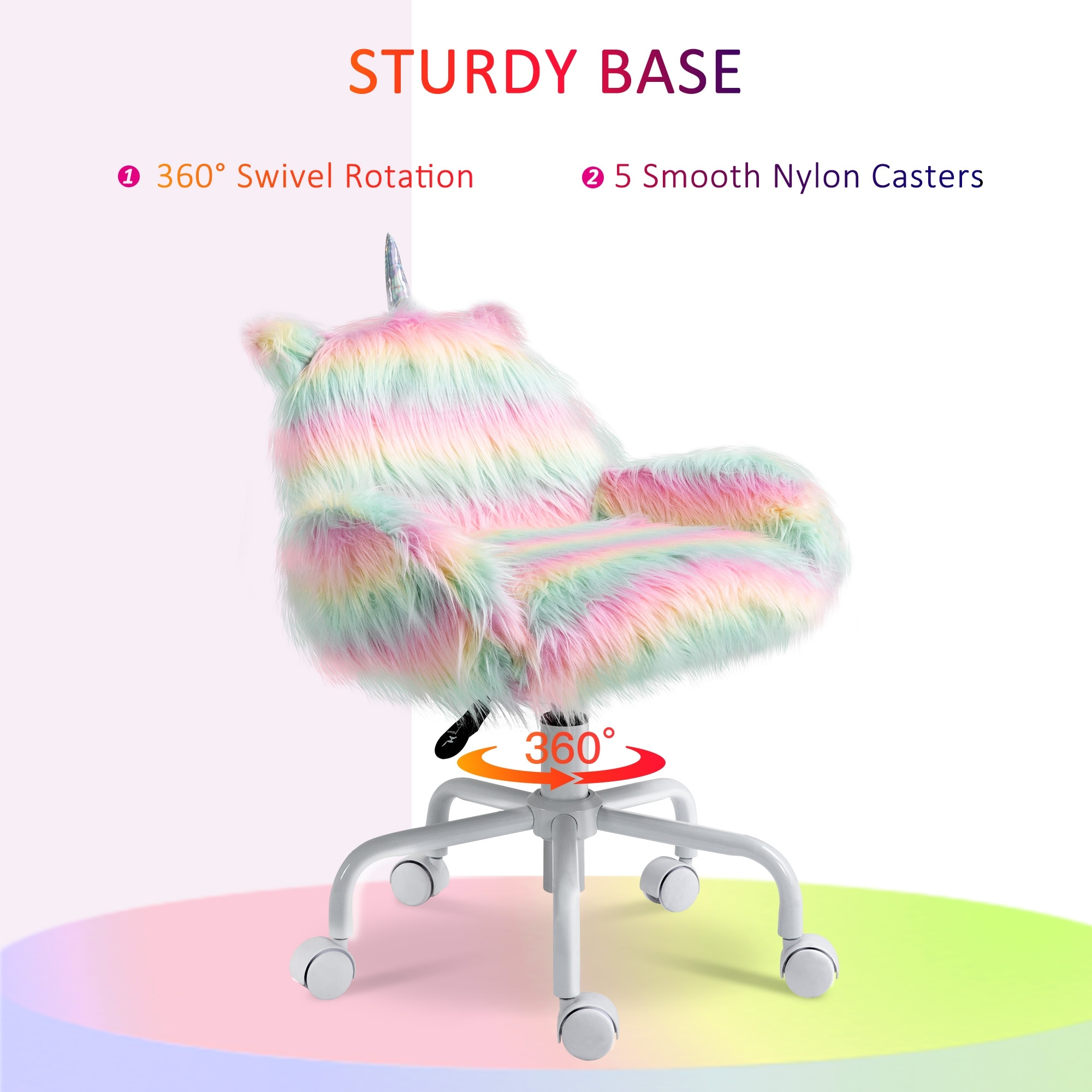 Homcom Fluffy Unicorn Office Chair With Mid Back And Armrest Support 5 Star Swivel Wheel White Base Rainbow Multi Colored Overstock 32819227