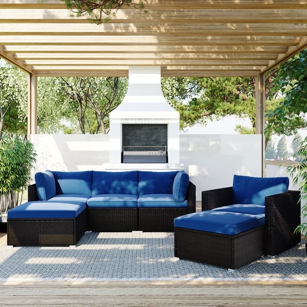 slide 1 of 8, 6PCS Outdoor Patio Sectional All Weather PE Wicker Rattan Sofa Set