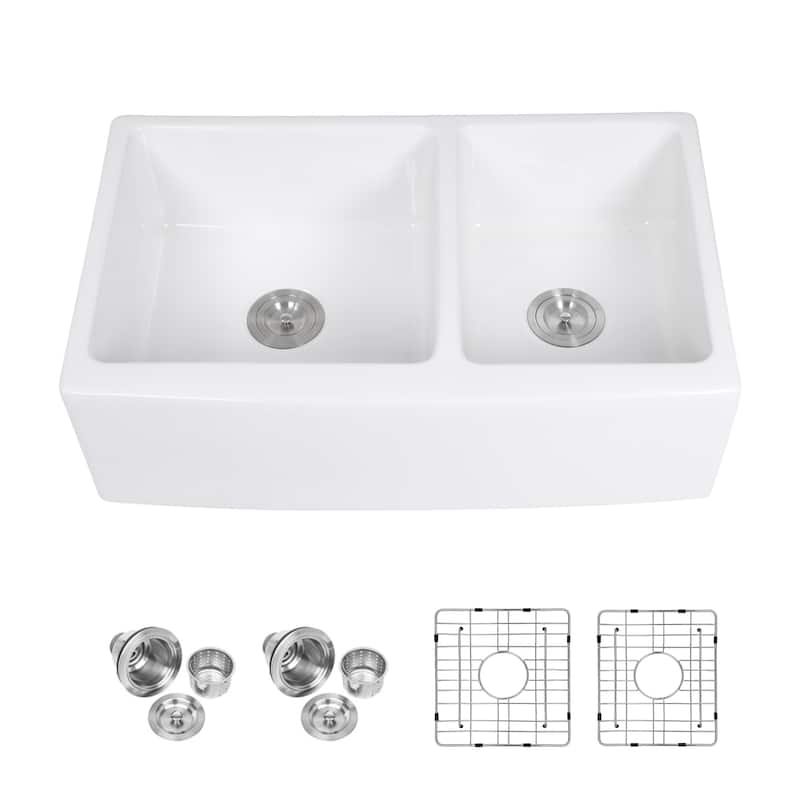 33'' Farmhouse Double Bowl Ceramic Kitchen Sink in White - 33'' x 21'' x 10''