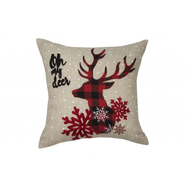 14" X 14" Beige and Red Deer Christmas Reindeer Linen Blend Zippered Pillow With Embroidery