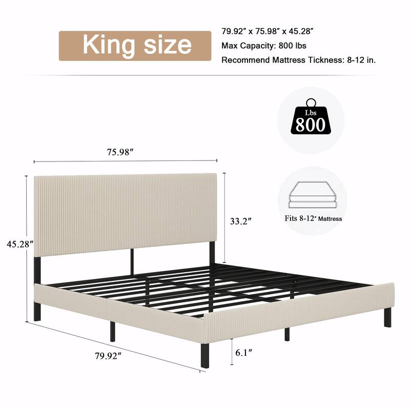 King Bed Frame with Bandaged Headboard, Stable and Easy to Assemble