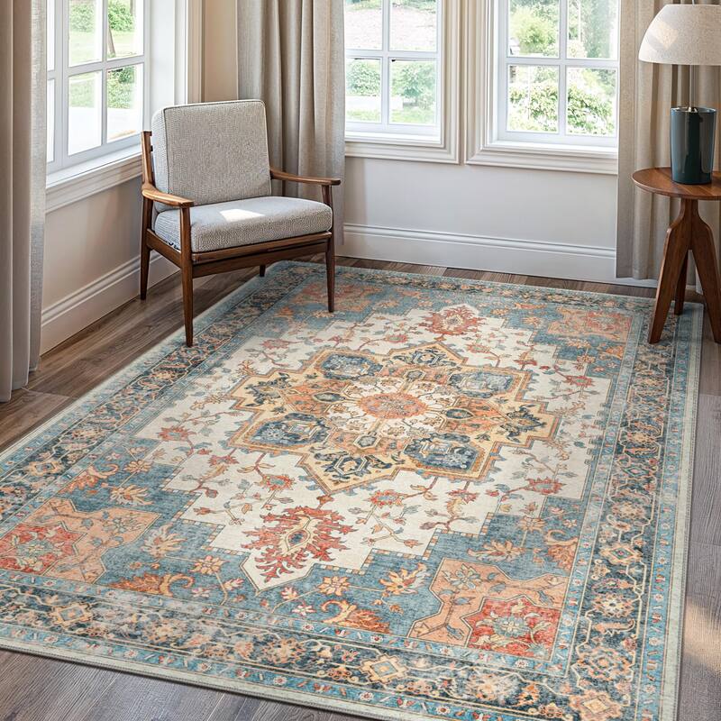 Mcow Neutral Floral Low Pile Machine Washable Non-Slip Area Rug - 6'X9' - Blue Salmon - Rectangle
