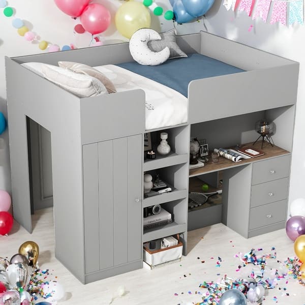 slide 2 of 14, Modern Full Size Wood Loft Bed with Built-in Wardrobe,Desk,Storage Shelves and Drawers,For Bedroom Grey