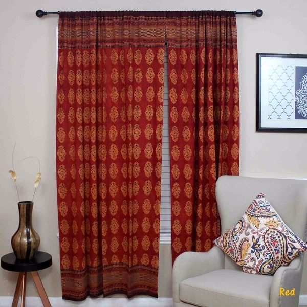 Handmade 100% Cotton Kensington Hand Block Print Curtain Drape Door Panel in Gold & Red - 44 inches x 88 inches. Opens flyout.