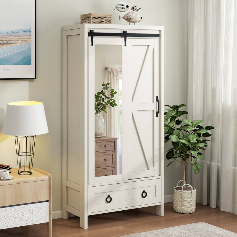 Farmhouse Tall Bathroom Storage Cabinet with Doors And Adjustable Shelf - White