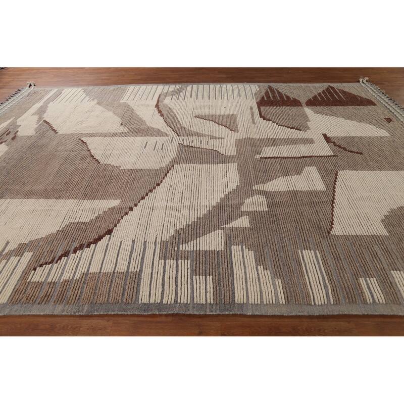 Abstract Moroccan Earth Tone Area Rug Hand-Knotted Wool Carpet - 8'11"x 12'7"