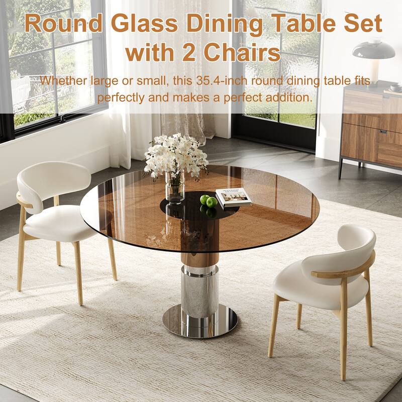 3 Piece Round Dining Table Set Tempered Glass Top Stainless Steel Base 4 Chairs